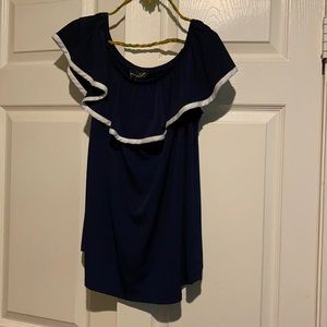 Navy w-white trim ruffled sleeveless top